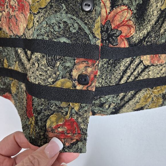 VTG K Petite Collection Jacket Sz 12P Green Multi Floral Button Front Open Back - Picture 4 of 14
